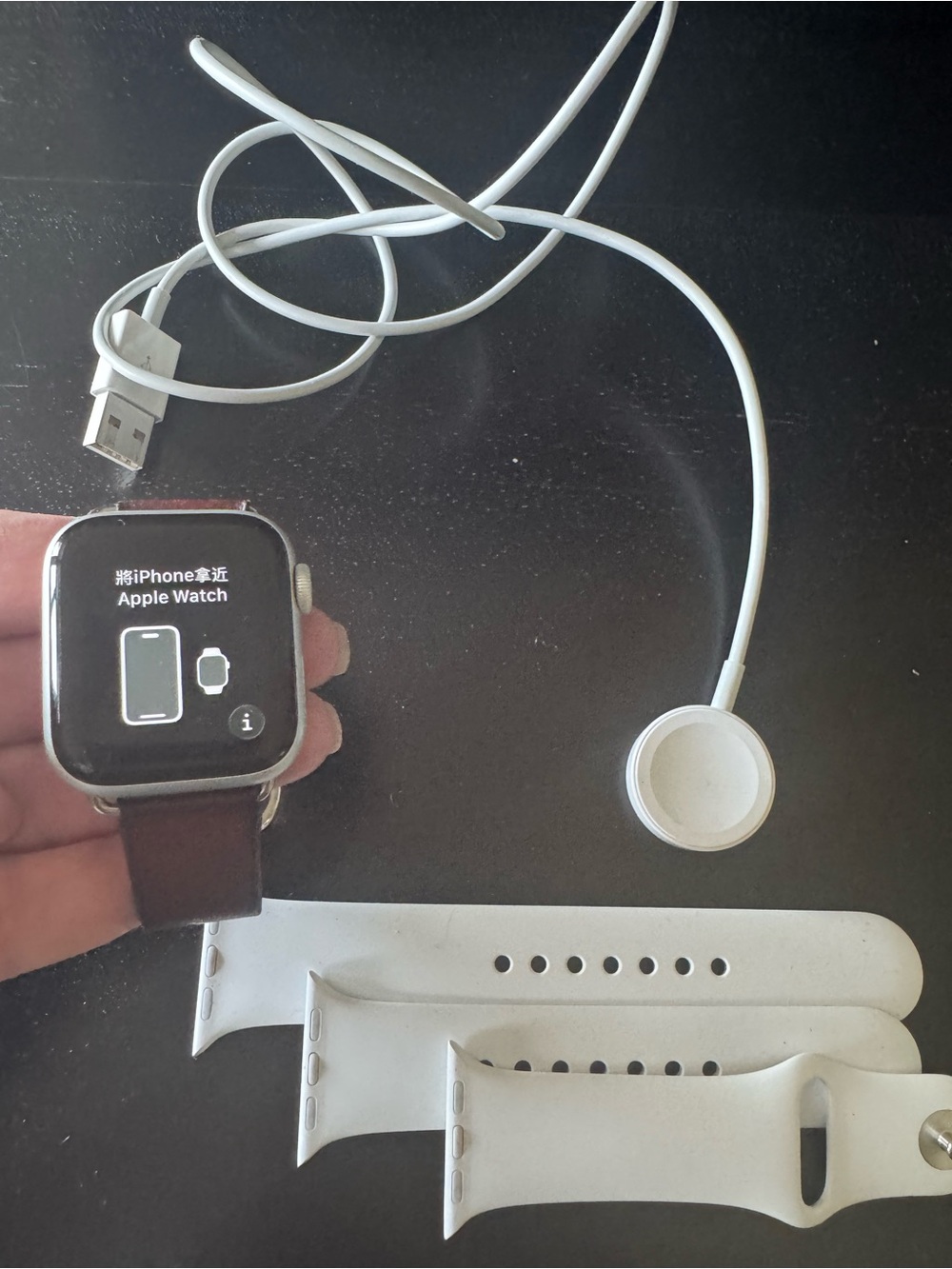 Apple Watch 6 Silver Aluminum Case with Burgundy Leather and White Sport Bands